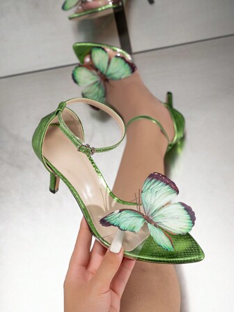 Sandálias femininas de salto alto, primavera verão ao ar livre, elegante, de alta qualidade, fina, bico fino, pele de cobra metálica, PVC, vidro transparente, embelezado, floral, borboleta, sexy, minimalista, verde, sandálias
