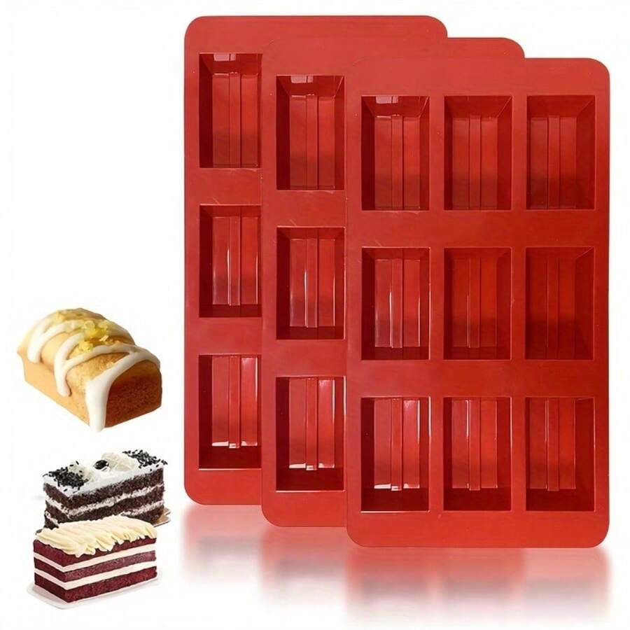 Bộ 3 khuôn hình chữ nhật bằng silicon - Hoàn hảo cho thanh protein, bánh mì caramel, bánh brownie, bánh phô mai, v.v. - Bộ khuôn đa năng và bền để làm bánh và xà phòng - Đỏ - Xem 1
