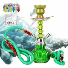 2 Hose Hookah Set, 11" Glass Hookah Shisha With Stable Glass Vase Base Tips And Foil Covers, Ready Gift
