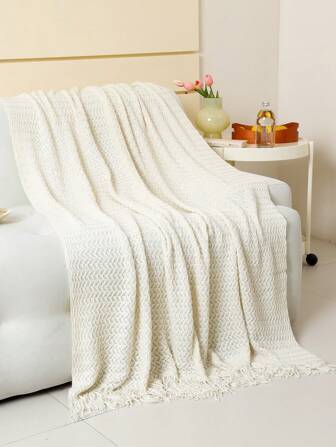 1件針織毯沙發毯沙發套純色針織鉤邊床褥