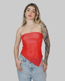 WOMEN'S BASIC ASYMMETRICAL CROPPED TUBE TOP, STRAPLESS, SUMMER, STRAP-ON, AITONA LINING - Red - View 2