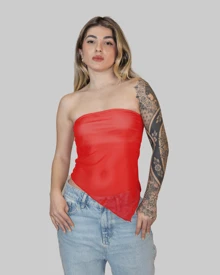 WOMEN'S BASIC ASYMMETRICAL CROPPED TUBE TOP, STRAPLESS, SUMMER, STRAP-ON, AITONA LINING - Red - View 1