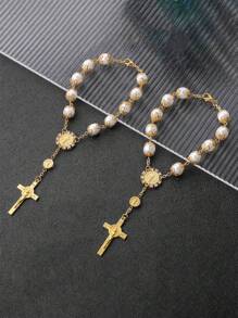 1 件金色十字形汽车后视镜挂饰，带水钻，男女通用 - 金色 - 查看 2