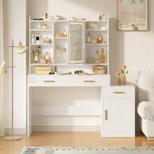 HEXCELEN Large Vanity Desk With Light Mirror, Makeup Vanity Dressing Table With 3 Drawers, Adjustable Shelves, Storage Cabinet, Bedroom Vanity Table For Girls Women(Christmas,Valentine's Day, Birthday, Women's Day),White - 白色 - 查看 1
