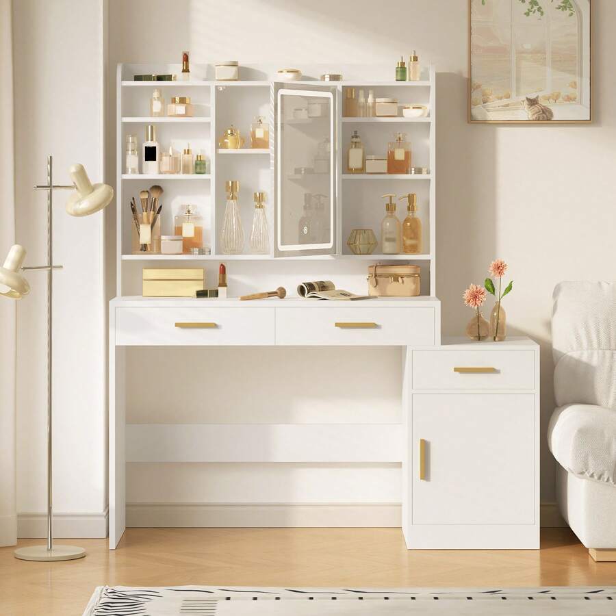HEXCELEN Large Vanity Desk With Light Mirror, Makeup Vanity Dressing Table With 3 Drawers, Adjustable Shelves, Storage Cabinet, Bedroom Vanity Table For Girls Women(Christmas,Valentine's Day, Birthday, Women's Day),White - 白色 - 查看 1