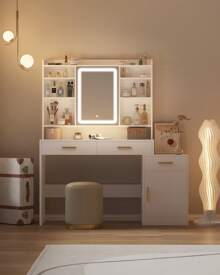 HEXCELEN Large Vanity Desk With Light Mirror, Makeup Vanity Dressing Table With 3 Drawers, Adjustable Shelves, Storage Cabinet, Bedroom Vanity Table For Girls Women(Christmas,Valentine's Day, Birthday, Women's Day),White - 白色 - 查看 4