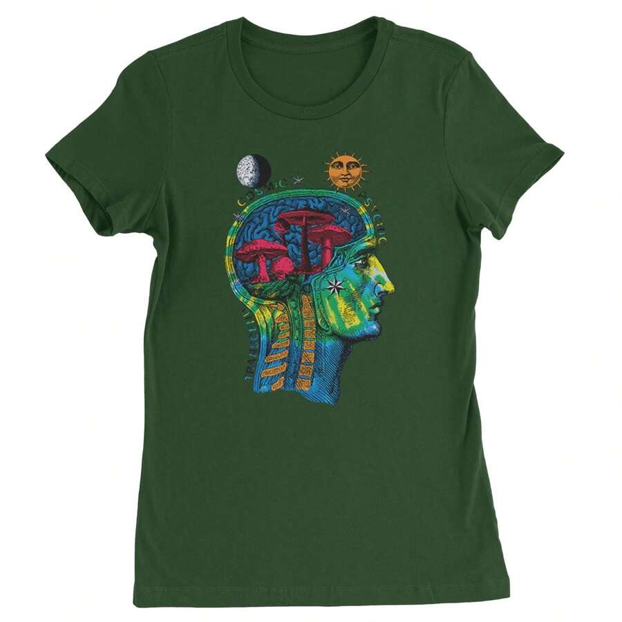 Psyche-Delic Cosmic Mushroom Head Womens T-Shirt - 森林綠 - 查看 1