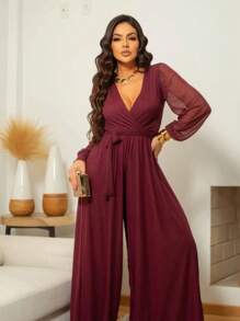 Long Sleeve Micro Tulle Palazzo Jumpsuit - Redwood - View 1