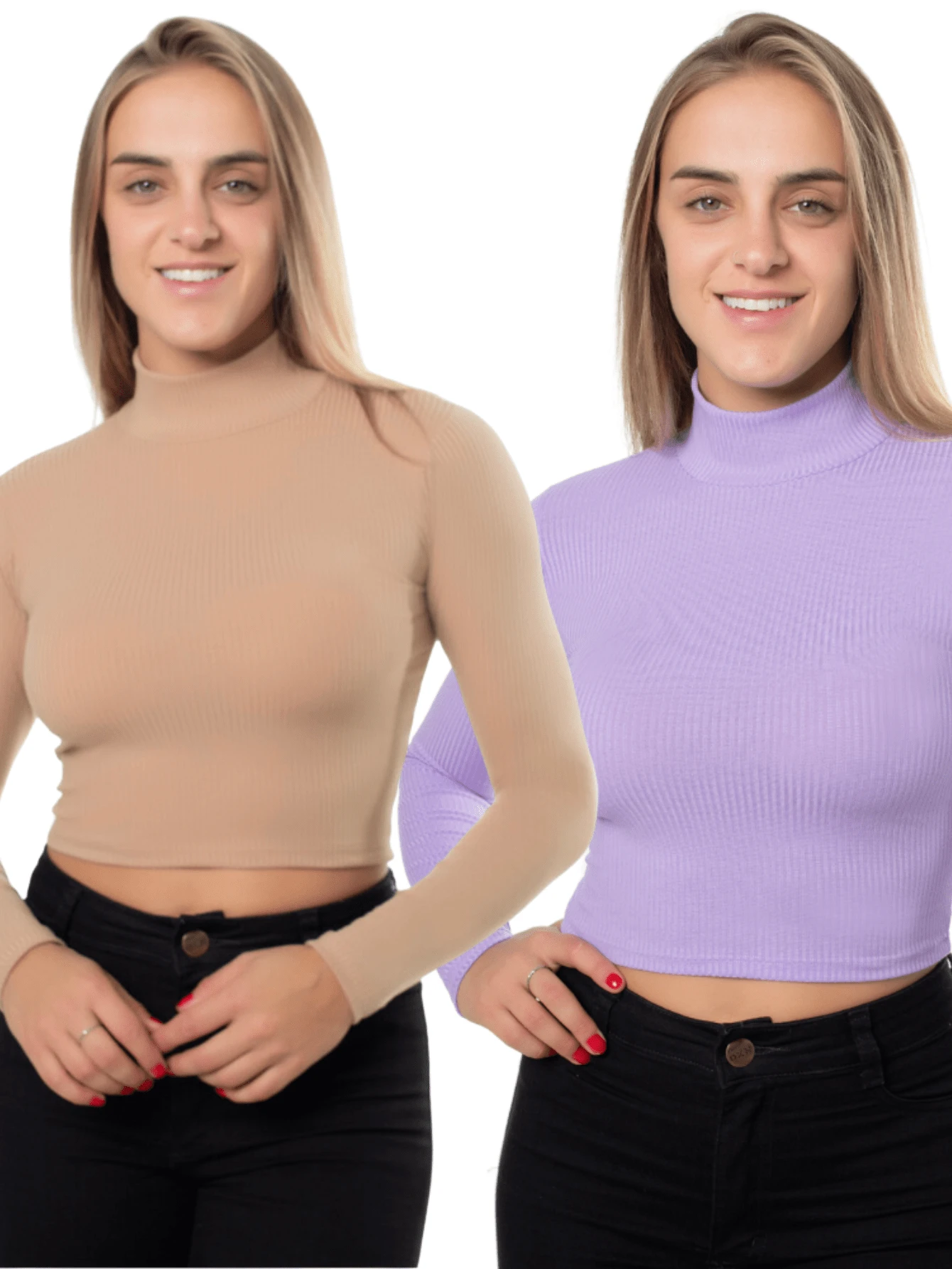 Kit 2 Cropped Blouse Long Sleeve High Neck Ribbed Cnl - 肉桂和美妙 - 查看 1