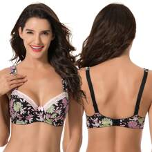 Women's Plus Size Underwired Unlined Balconette Cotton Bra - 墨綠色,檸檬色,黑色印花(3包) - 查看 4
