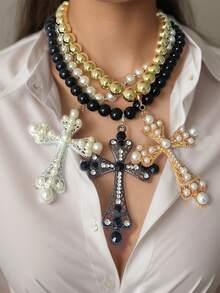1pc Women's Fashion Beaded Oversized Cross Pendant Necklace, Minimalist Style Suitable For Daily Commute And Various Occasions - Multicolor - View 12