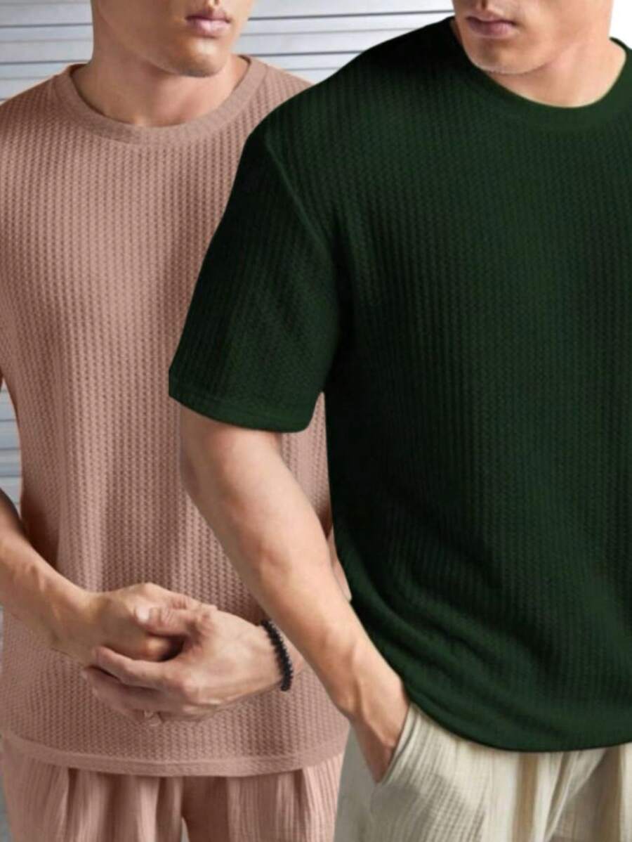 Kit 2 Oversized Casual Basic Plain Straight T-Shirt Caramel/Multicolor - 軍綠色 - 查看 1