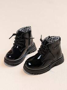 1 双儿童亮面漆皮侧拉链轻便防滑时尚靴子，适合春秋季节 - 黑色 - 查看 7