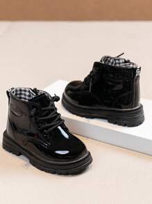 1 双儿童亮面漆皮侧拉链轻便防滑时尚靴子，适合春秋季节 - 黑色 - 查看 2