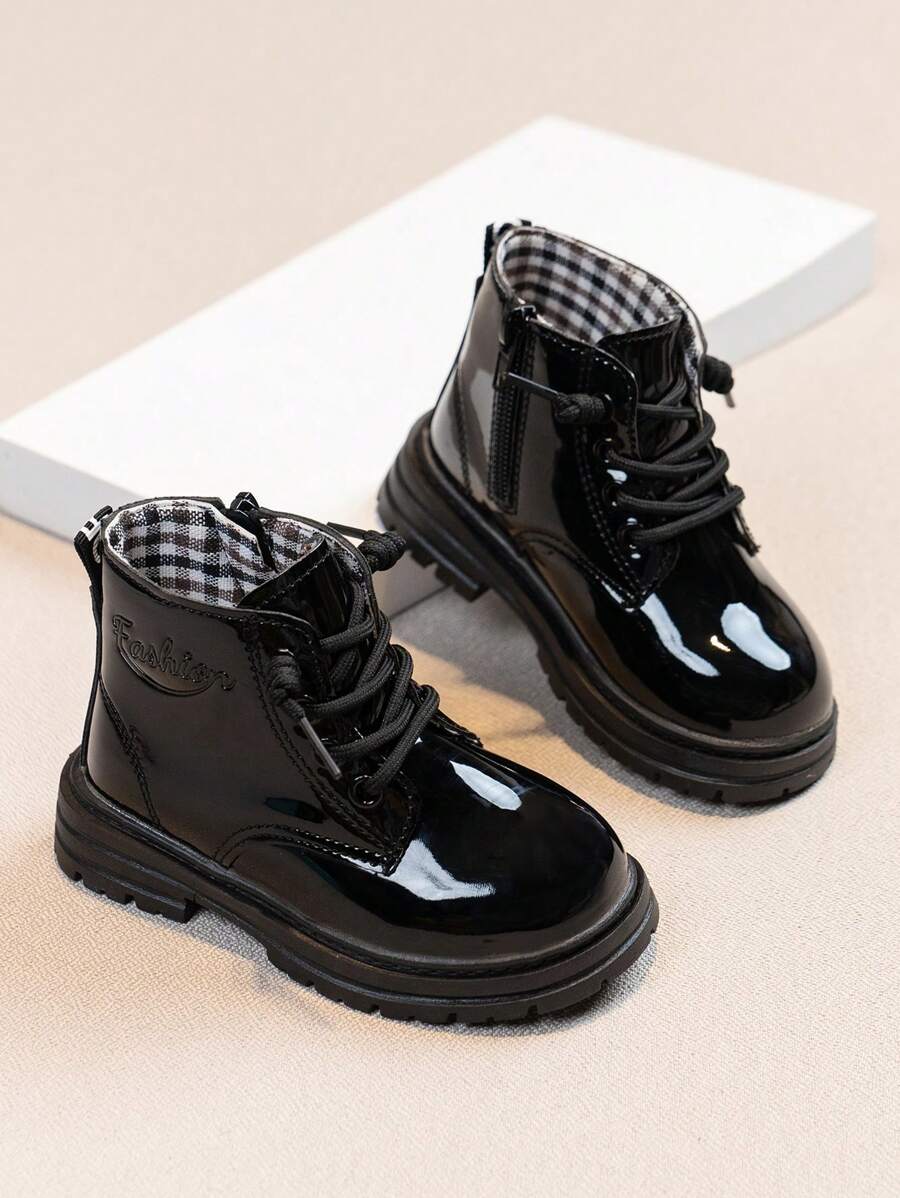 1 双儿童亮面漆皮侧拉链轻便防滑时尚靴子，适合春秋季节 - 黑色 - 查看 1