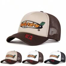 1pc Men's Letter Printed Baseball Cap, Outdoor Fashion Pattern Trucker Hat, Sun Protection Casual Mesh Cap For Spring Autumn Travel Beach Vacation Halloween - Multicolor - View 1