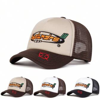 1 件装男士字母印花棒球帽，户外时尚图案卡车司机帽，防晒休闲网帽，适合春秋季旅行海滩度假万圣节