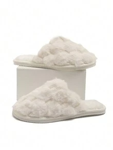 2024 新款蓬松一脚蹬拖鞋，厚底，优雅，室内/室外，女士秋冬，舒适，防滑，保暖衬里 - 白色 - 查看 5