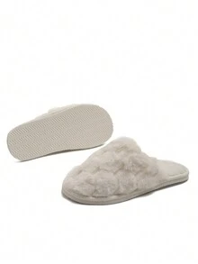 2024 新款蓬松一脚蹬拖鞋，厚底，优雅，室内/室外，女士秋冬，舒适，防滑，保暖衬里 - 白色 - 查看 3