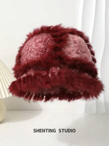 1 pieza Sombrero de cubo de piel de conejo sintética de moda tejido para mujer, gorro de orejeras de peluche cálido y versátil para otoño e invierno - Sombrero tejido - Ver 13