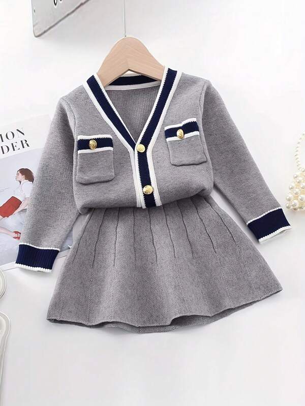 2 pièces Ensemble jeune fille Gilet tricoté universitaire avec boutons et Mini-jupe