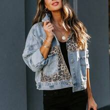 European And American Fashion Autumn And Winter Women's Long Sleeves Leopard Print Patchwork Denim Jacket - 藍色 - 查看 1