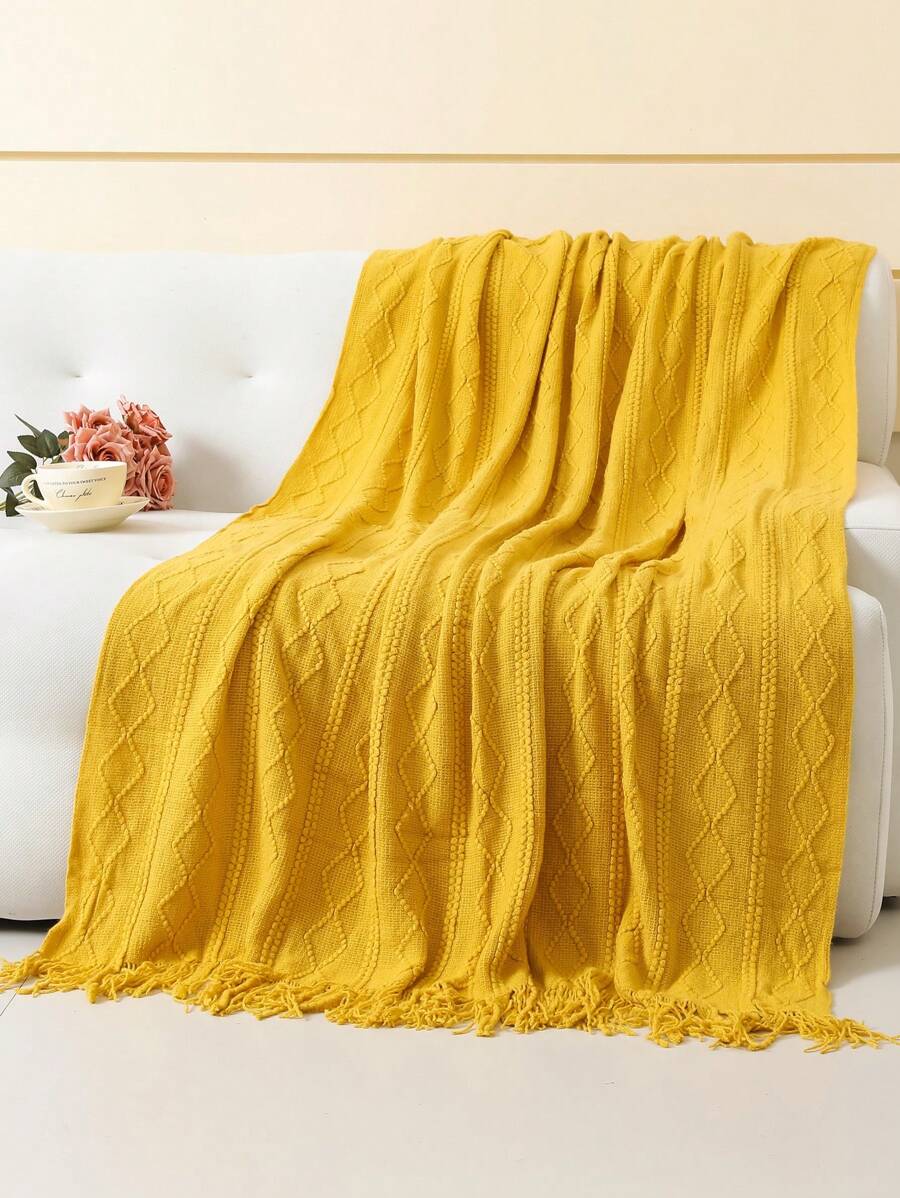一條波浪紋床毯,北歐風格亞克力矩形流蘇純色沙發披肩床上裝飾毛毯午餐毯針織毛毯 - 豎條菱形黃色 - 查看 1