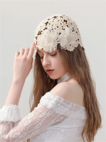 1pc Casual Boho Polyester Knitted Hollow Pearl Flower Handmade Beanie Hat, Lightweight 4 Season, Sweet & Cute Korean Style For Women