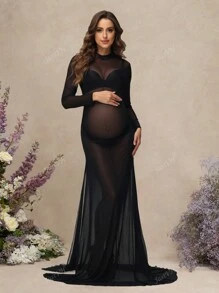 Robe de maternité à manches longues en maille, fendue et transparente pour séance photo