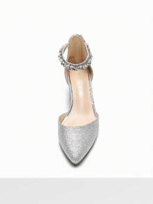 Women's Rhinestone Ankle Strap Heels Pumps Closed Pointed Toe Block Chunky Fashionable Party Shoes - Bạc - Xem 7