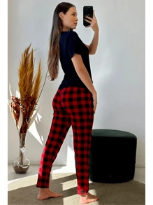 Women's Demi-Season Short Sleeve Pajamas With Red Plaid Trousers - 紅色 - 查看 3