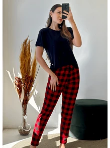 Women's Demi-Season Short Sleeve Pajamas With Red Plaid Trousers - 紅色 - 查看 1