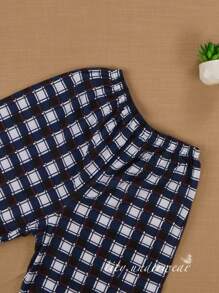 MEN'S SHORT SLEEVE CHECK PRINT PAJAMAS 100% COTTON - 藏蓝色 - 查看 4