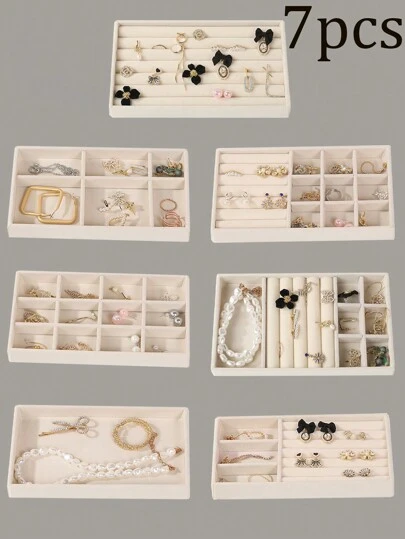 7pcs/Set Jewelry Display Tray, Velvet Jewelry Storage Box, Jewelry Organizer Tray For Rings Earrings Necklaces, Stackable Jewelry Holder Tray, Makeup Storage And Display,For Holiday Beach, Bathroom Collection, Bedroom Collection, Large Capacity