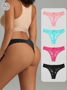 4pcs/Set Women's Sexy Solid Color Lace Thong Panties Lingerie, Low Rise