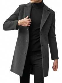 Men's Retro Style Wool Coat, Solid Color Minimalist Design, Front Button Closure, Slant Pockets, Suitable For Casual, Vacation And Commute, Versatile For Autumn/Winter - Dark Grey - View 4