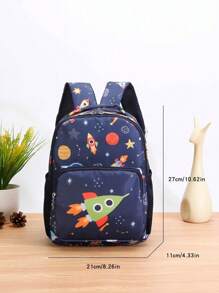 1 件时尚可爱卡通宇航员宇宙飞船印花背包，随机印花图案 - 藏蓝色 - 查看 4