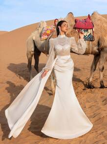 Faeriesty Haute Glamour Gorgeous Beaded Sequin Mermaid Evening Gown With High Neck & Puff Sleeves – Transparent Tulle Upper Adorned With Intricate Beadwork, Fish-Tail Skirt For Luxury Weddings, Formal Galas & Upscale Evening Events