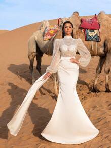 Faeriesty Haute Glamour Gorgeous Beaded Sequin Mermaid Evening Gown With High Neck & Puff Sleeves – Transparent Tulle Upper Adorned With Intricate Beadwork, Fish-Tail Skirt For Luxury Weddings, Formal Galas & Upscale Evening Events