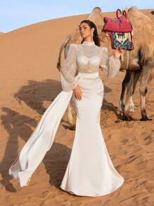 Faeriesty Haute Glamour Gorgeous Beaded Sequin Mermaid Evening Gown With High Neck & Puff Sleeves – Transparent Tulle Upper Adorned With Intricate Beadwork, Fish-Tail Skirt For Luxury Weddings, Formal Galas & Upscale Evening Events