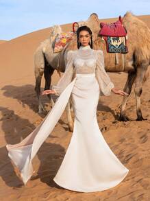 Faeriesty Haute Glamour Gorgeous Beaded Sequin Mermaid Evening Gown With High Neck & Puff Sleeves – Transparent Tulle Upper Adorned With Intricate Beadwork, Fish-Tail Skirt For Luxury Weddings, Formal Galas & Upscale Evening Events