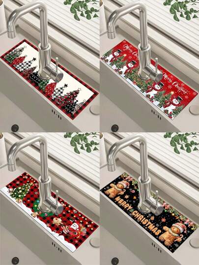 1 件 14*38 厘米圣诞厨房硅藻土垫，带圣诞树圣诞老人雪人姜饼人图案，水龙头吸水垫，浴室水龙头防溅垫，防潮防滑水龙头垫，厨房台面配件，2024 年家居圣诞装饰品