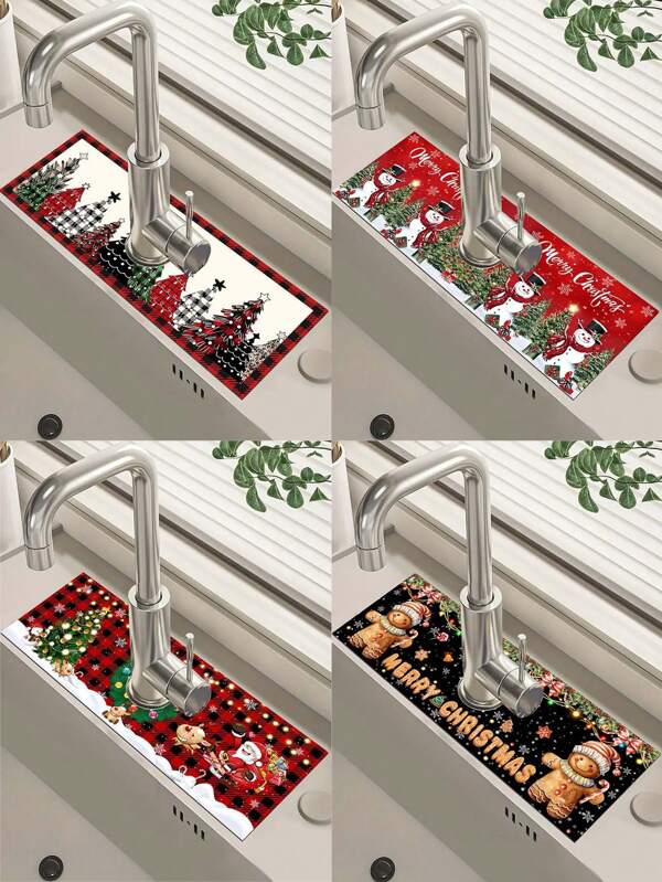 1 pezzo Tappetino in diatrometaurio per cucina nataliza da 14x38 cm con motivi di albero di Natale, Babbo Natale, pupazzo di neve e omino di pan di zenzero, tappetino assorbente per rubinetto, tappetino antiscivolo resistente all'umidità per rubinetto del bagno, accessori per piani di lavoro da cucina, decorazioni natalizie per la casa 2024