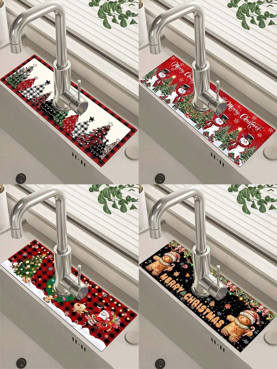 1 件 14*38 厘米圣诞厨房硅藻土垫，带圣诞树圣诞老人雪人姜饼人图案，水龙头吸水垫，浴室水龙头防溅垫，防潮防滑水龙头垫，厨房台面配件，2024 年家居圣诞装饰品