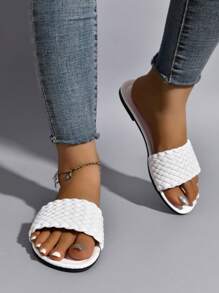Women's Flat Slippers, Large Size Ladies Casual Sandals, Simple And Elegant White Round Toe Slip-On Slippers, Wide Width Ladies Shoes