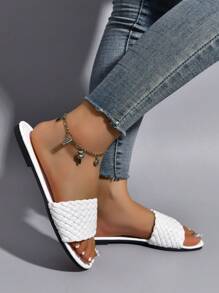 Women's Flat Slippers, Large Size Ladies Casual Sandals, Simple And Elegant White Round Toe Slip-On Slippers, Wide Width Ladies Shoes