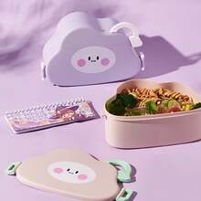 Lunch Box School Work 3 Compartments With Cutlery Fork Spoon Stickers Cloud Shape - Màu vàng - Xem 3
