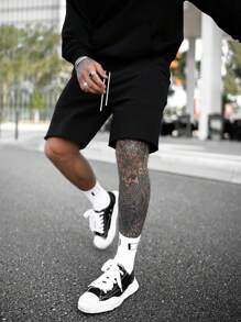 Sudadera con capucha de manga larga y pantalones cortos de unicolor, conjunto de 2 piezas para hombre, primavera y otoño - Negro - Ver 3