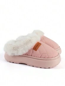 女士厚底舒适皮革防水室内户外保暖毛绒拖鞋，时尚格子设计圣诞家居拖鞋，秋冬 - 粉色 - 查看 2
