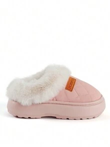 女士厚底舒适皮革防水室内户外保暖毛绒拖鞋，时尚格子设计圣诞家居拖鞋，秋冬 - 粉色 - 查看 3